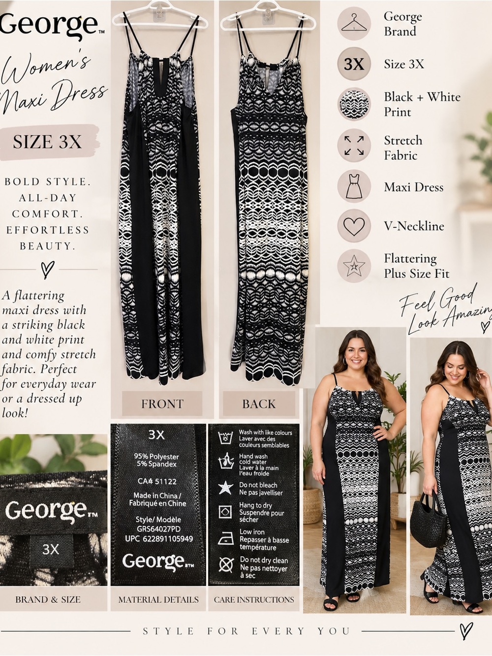 George Black and White Printed Maxi Dress - Size 3X